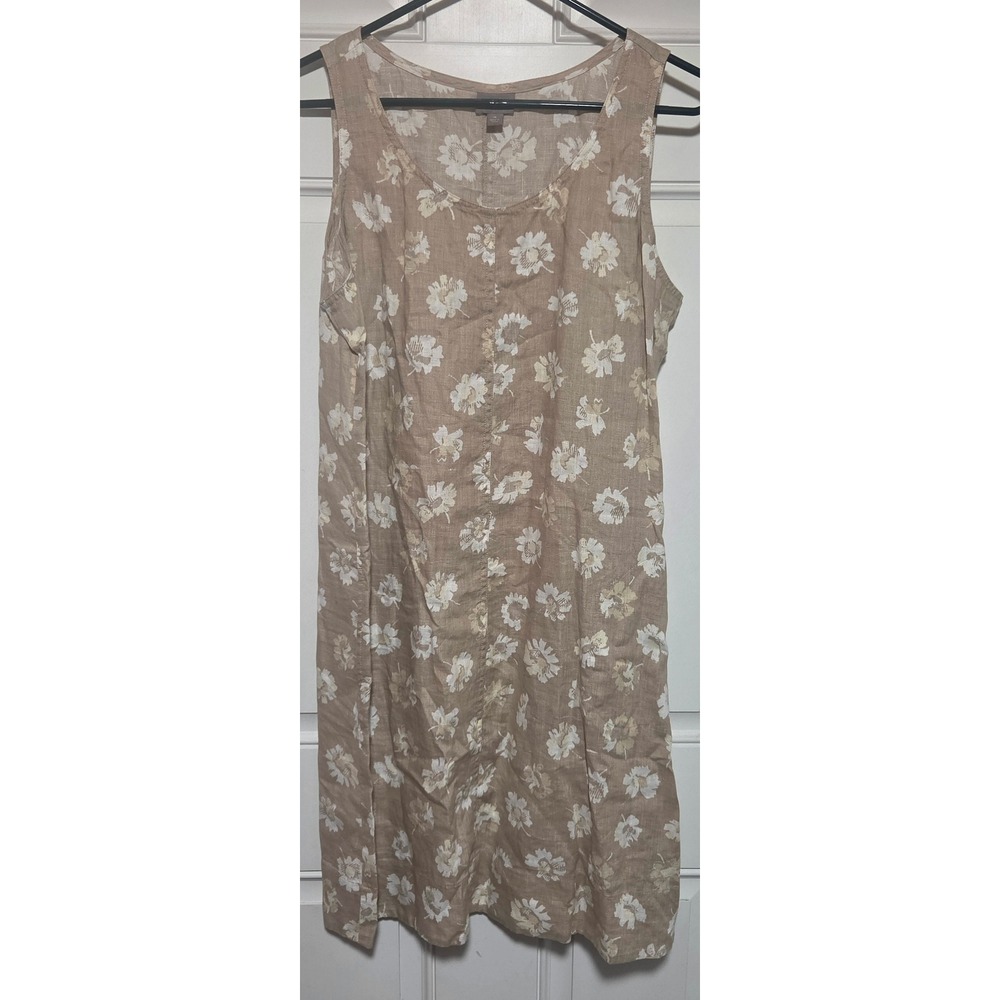 J. Jill Tan White Floral 100% Linen Sleeveless Shift Dress Womens Medium
